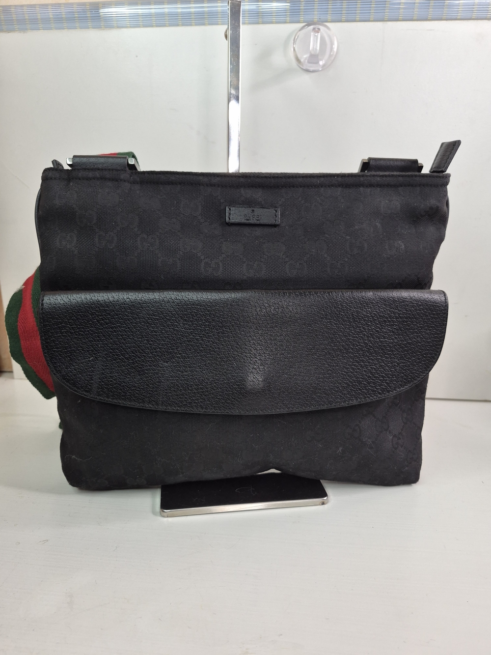 Gucci Black GG Canvas and Leather Messenger Bag